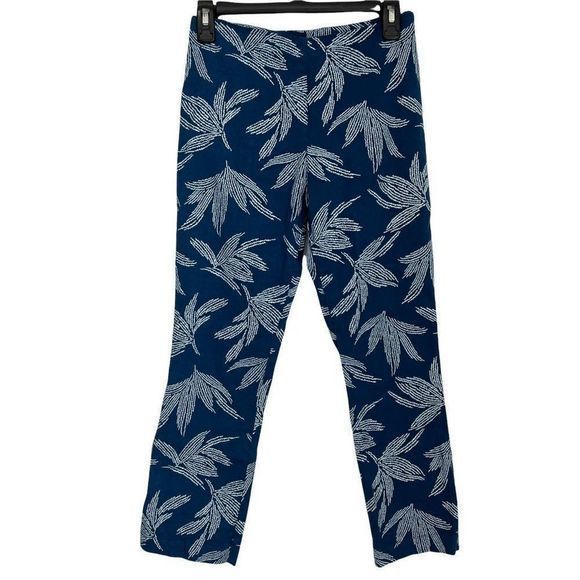 120% Lino Leaf-Print Stretch Linen Casual Crop Pant Sz 6 Side Zip Blue‎ - Picture 1 of 7